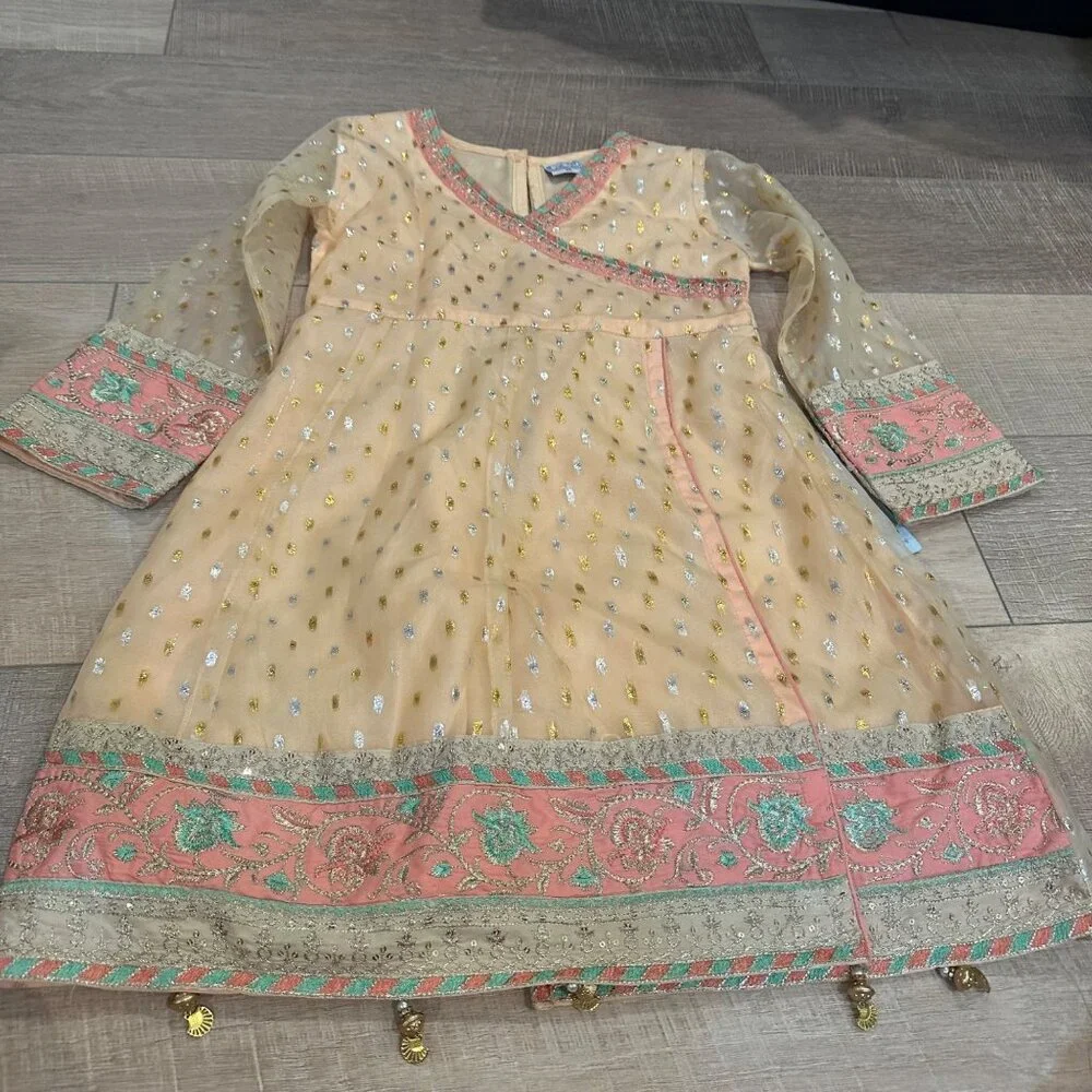 Girls Peach Traditional Embroidered Dress W/ Sheer Sleeves & Gold Detailing Size